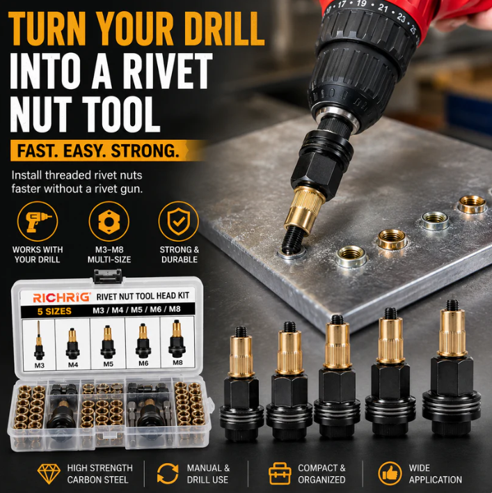 🔧 Complete Drill-Powered Rivet Nut Kit – M3–M8 Threaded Insert Tool Set