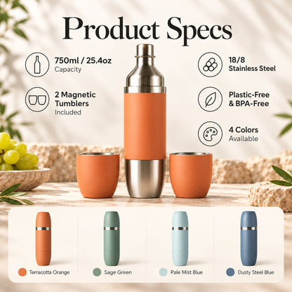 🍷✨All-in-One Insulated Wine Flask & 2 Magnetic Tumblers – 750ml Portable Set