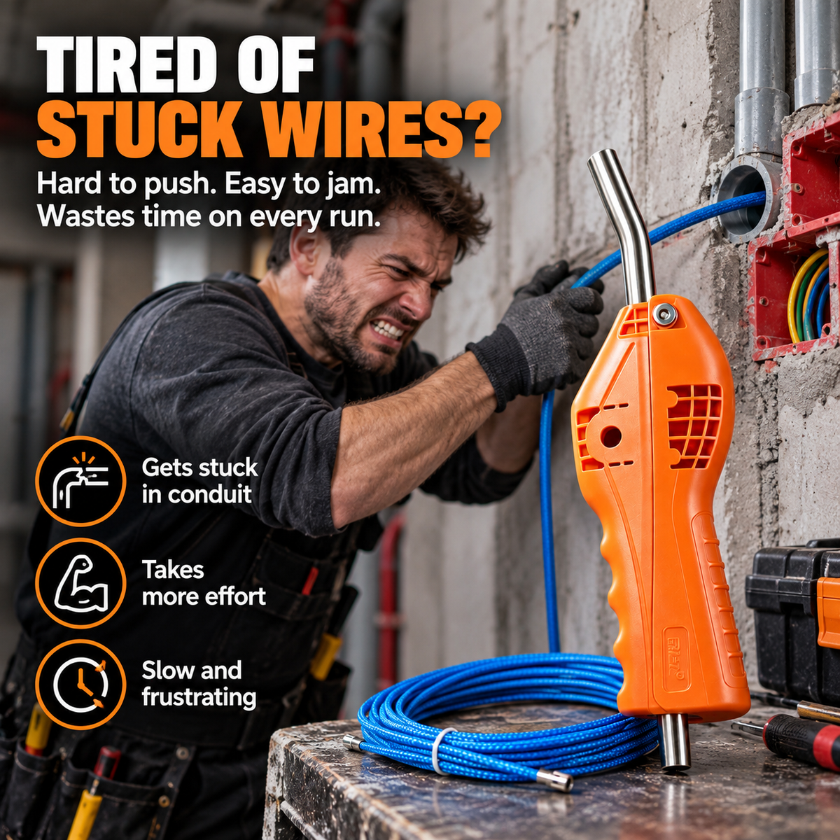 Electrician struggling with a stuck wire beside an orange hand-operated wire pulling assist tool