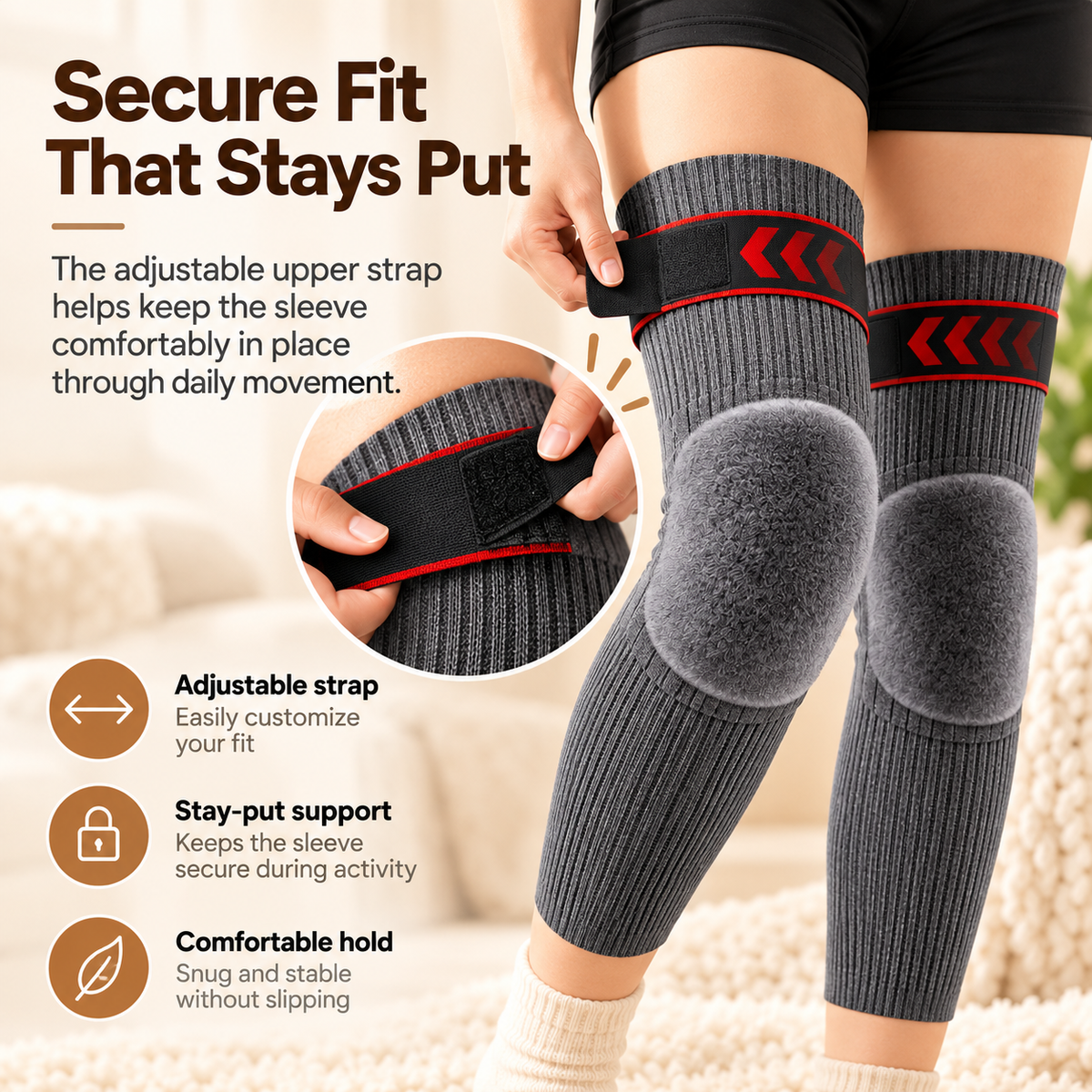 Adjustable upper strap on fleece-lined thermal knee warmer