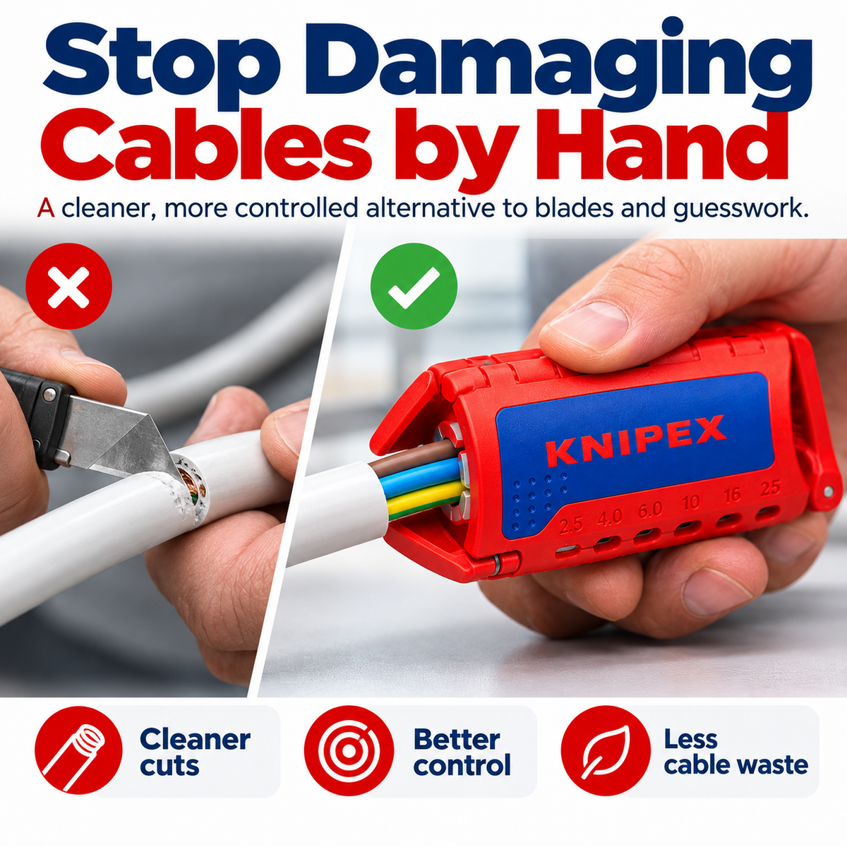 Comparison of risky freehand utility-knife cable preparation with a dedicated cable stripping tool
