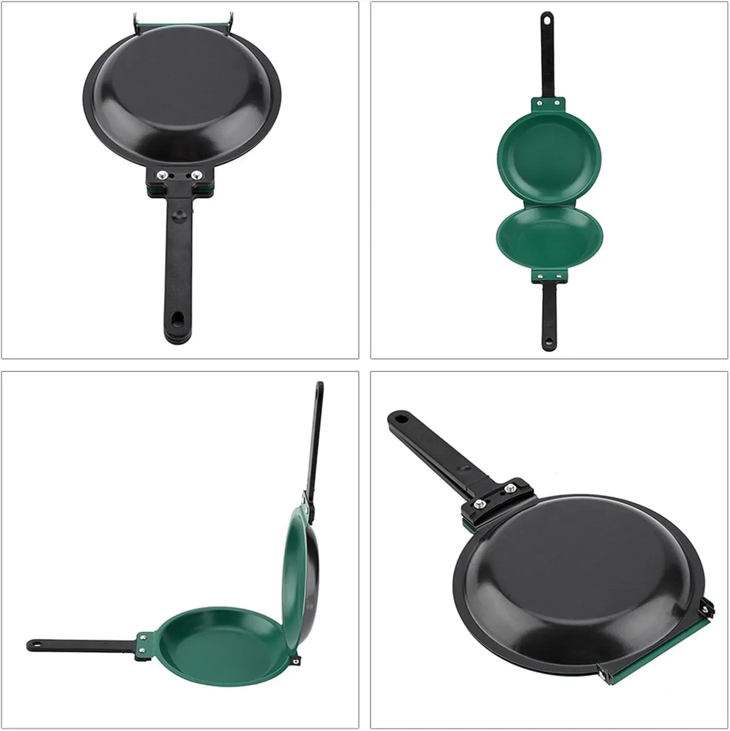 Multiple views of double-sided flip frying pan
