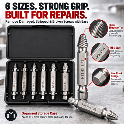 🔩🛠️6-Piece Damaged Screw Extractor Set – Double-Ended HSS Broken Screw Remover