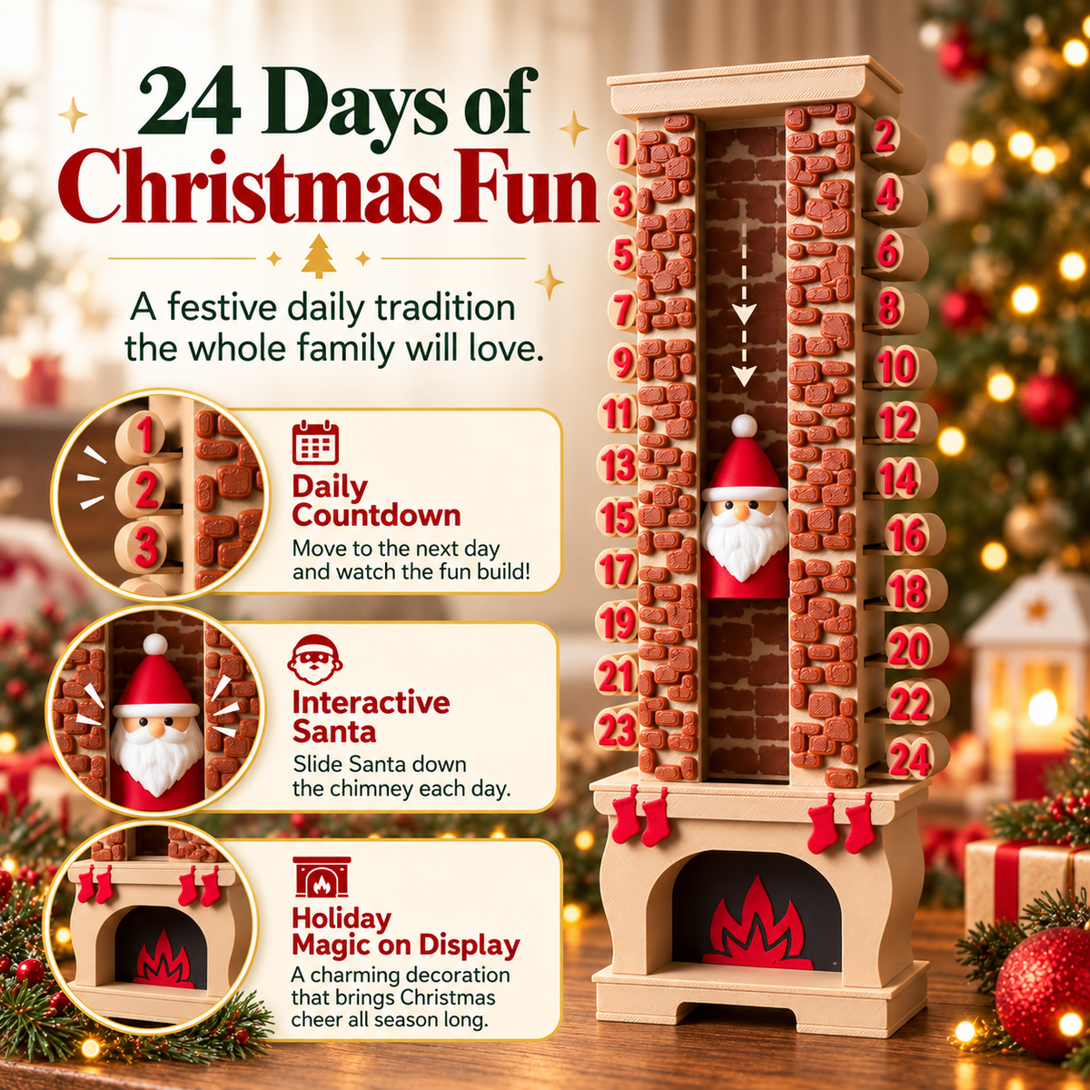 24 days of Christmas fun with Santa moving down the chimney each day