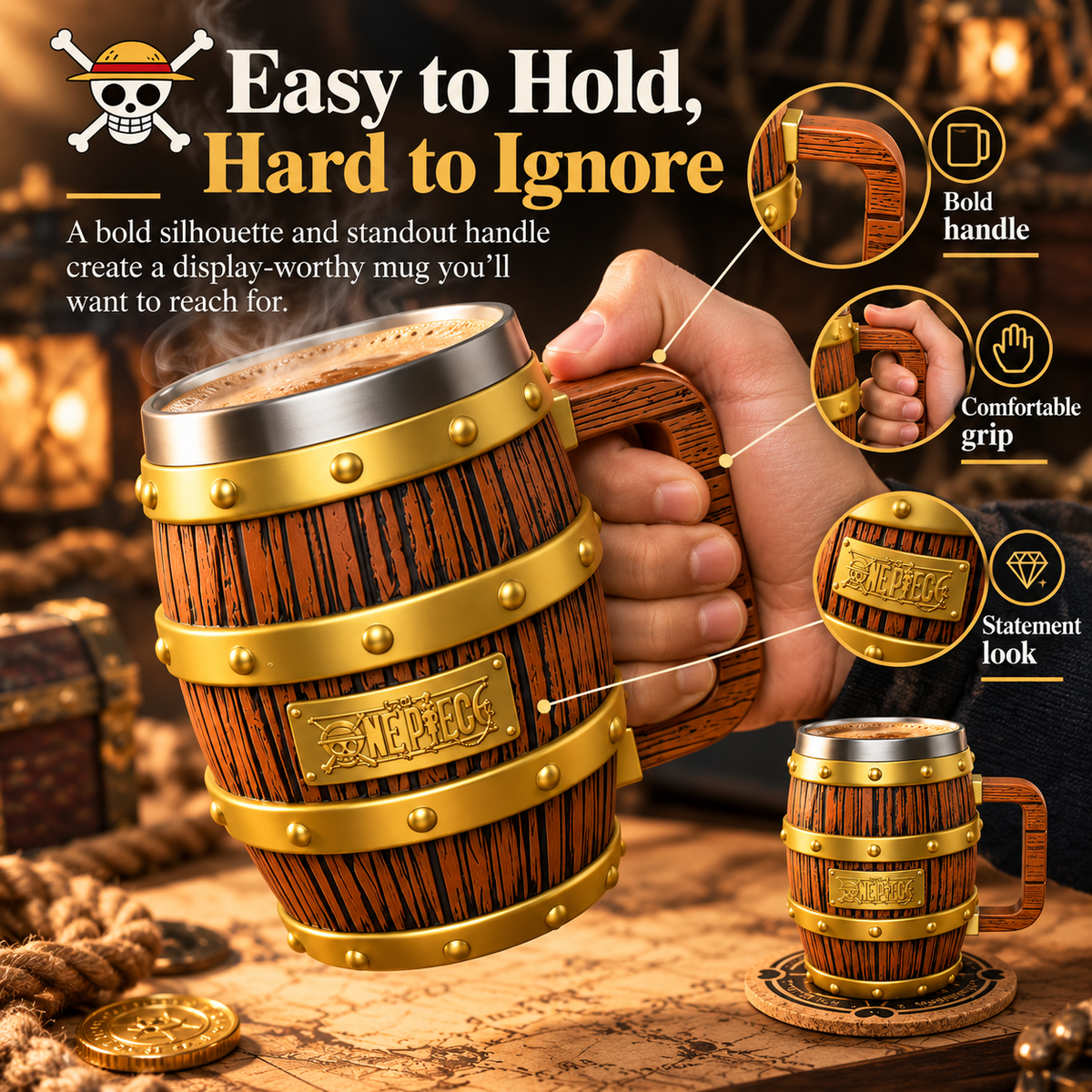 Pirate barrel mug with oversized handle