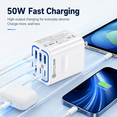 Portable Multi Port Charging Station 50W, 6-Port USB C & USB A