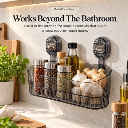 🚿✨ No-Drill Suction Cup Organizer Basket 🧴💧 Wall-Mounted Bathroom & Kitchen Storage Rack 🏡🫧 Space-Saving Shower Shelf for Everyday Essentials 🌟