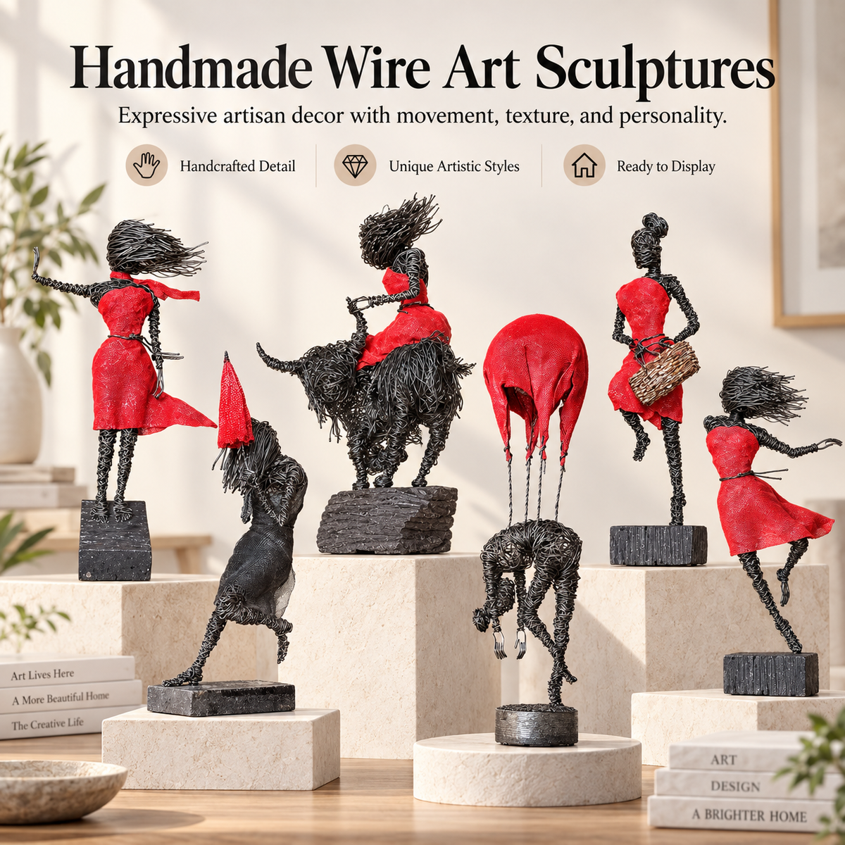 Handmade Wire Art Sculptures – Expressive Red-Accent Figurines for Home & Office