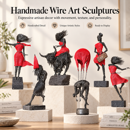 Handmade Wire Art Sculptures – Expressive Red-Accent Figurines for Home & Office
