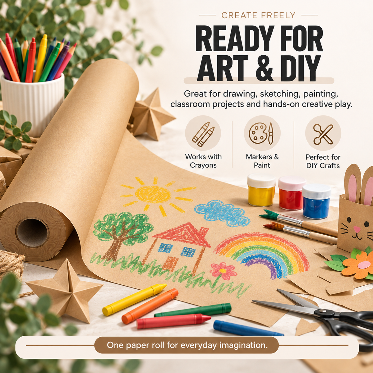 Children's colorful art drawn on brown kraft paper with crayons, brushes and handmade craft decorations