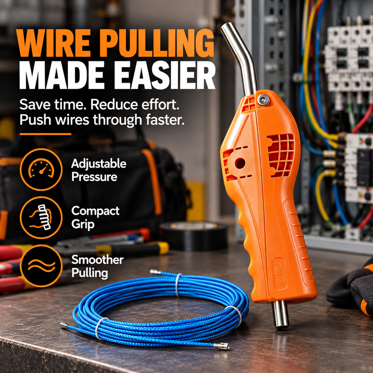 Orange electrician wire pulling assist tool with curved metal guide and blue line