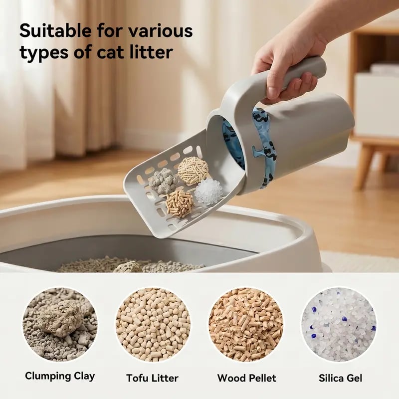 Cat Litter Scooper with Holder, Upgraded Cat Litter Shovel with Bags, 2-in-1 Detachable Sifter and Trash Box System with Refilled Bags, One-Handed Operation Kitty Poop Scooper, Ideal for Cats, Kittens