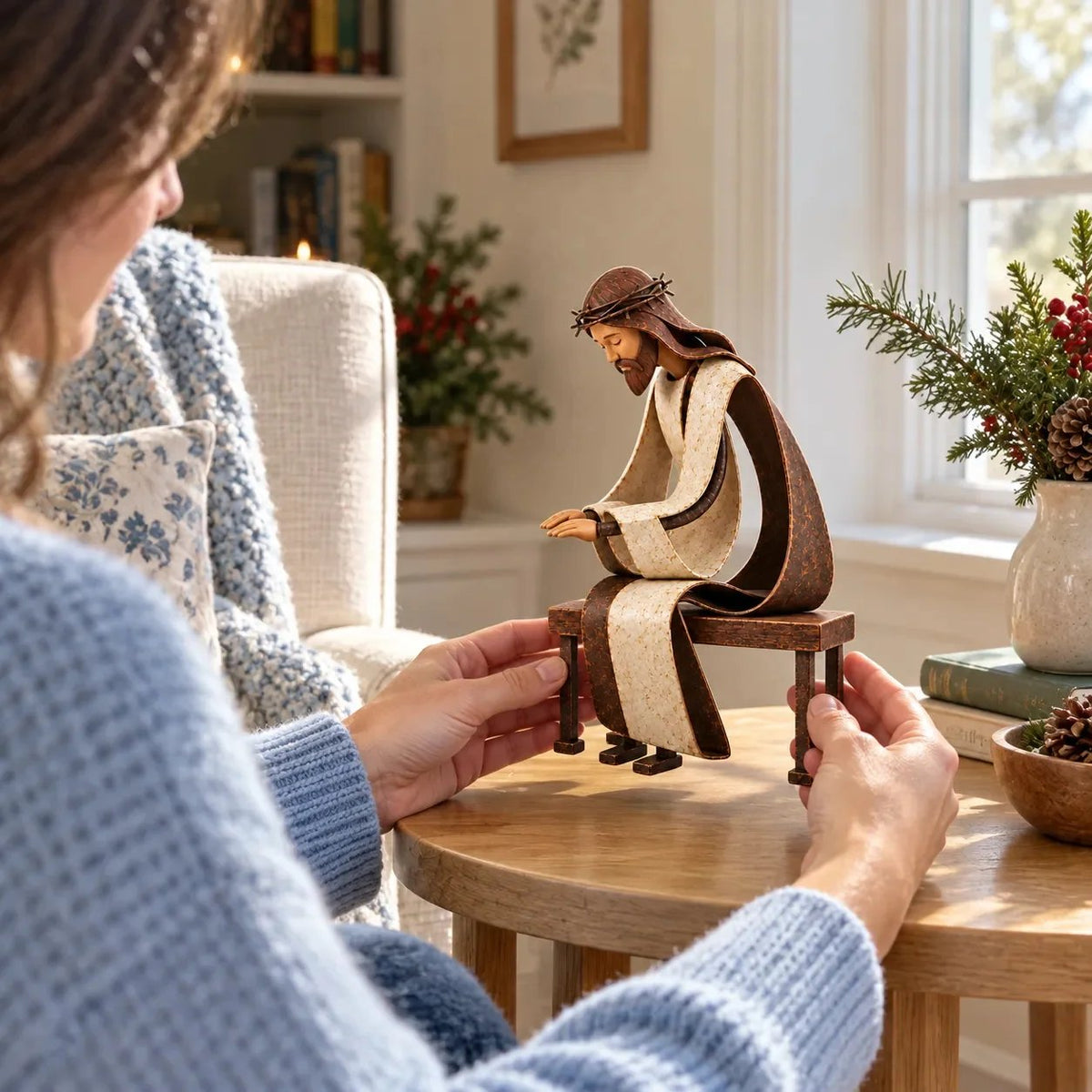⏳ Last Day 49% OFF – ✝️ Santa Kneeling Before Jesus Christmas Figurines | Meaningful Wood & Iron Faith Décor 🎄