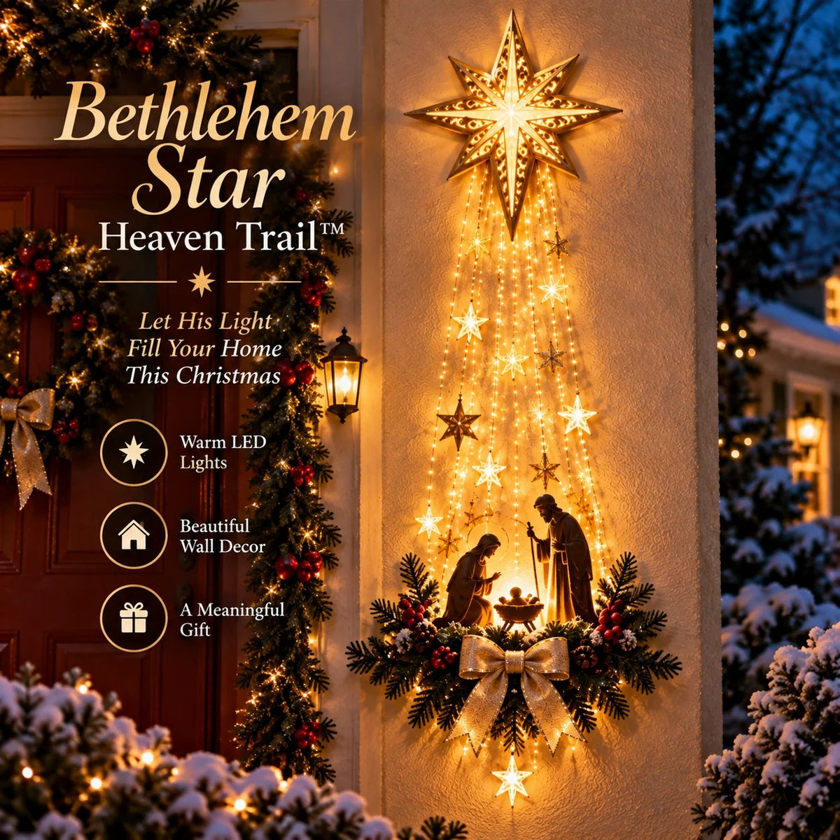 Lighted Bethlehem Star Nativity Christmas wall decoration glowing beside a holiday front entry