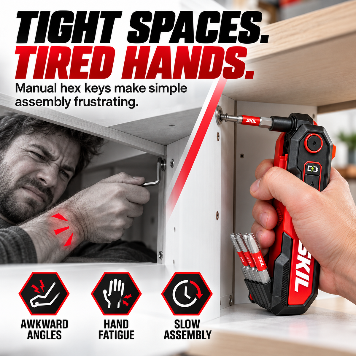 Comparison of tiring manual hex-key assembly and using the red-and-black powered folding hex key inside furniture