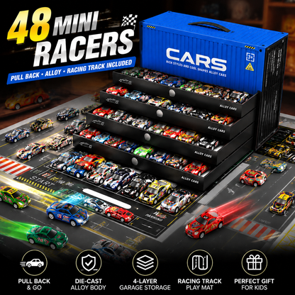 🚨⏳ Last Day 50% OFF! 🚗 48PCS Pull-Back Alloy Racing Car Set | 4-Layer Garage Storage & Racing Track Play Mat 🎁