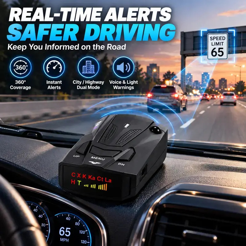 🚗V7 Multi-Band Radar Alert Detector – Voice & LED Alerts with City/Highway Modes