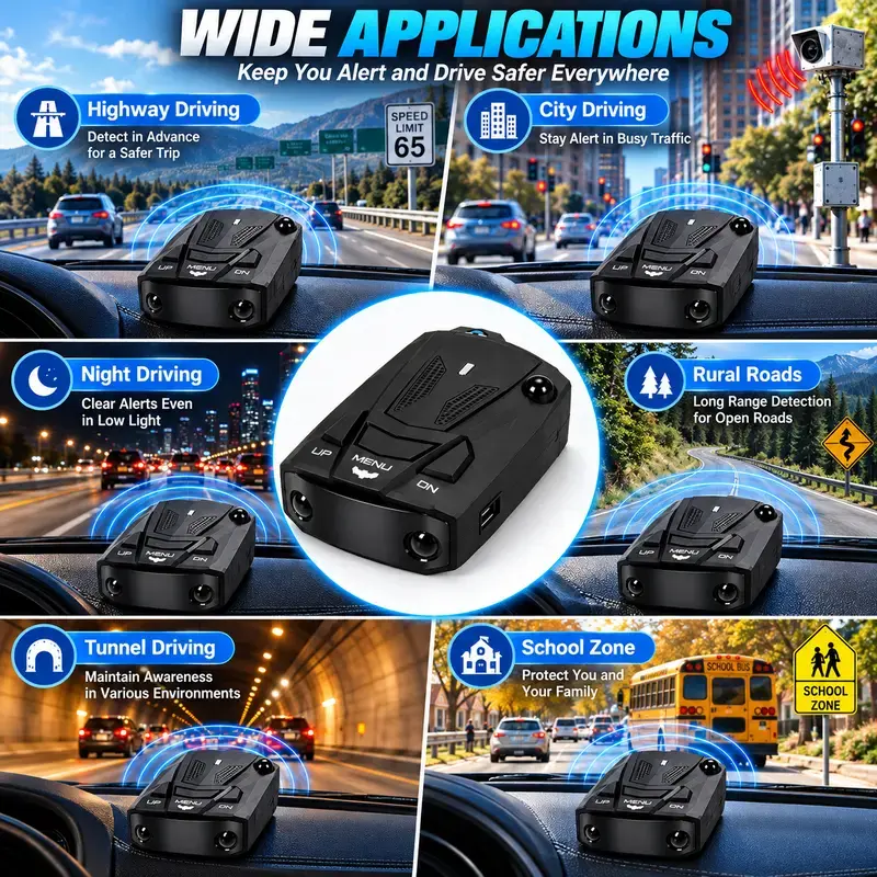 🚗V7 Multi-Band Radar Alert Detector – Voice & LED Alerts with City/Highway Modes