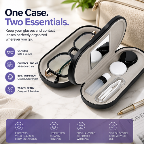 2 in 1 Portable Contact Lens and Glasses Case with Mirror