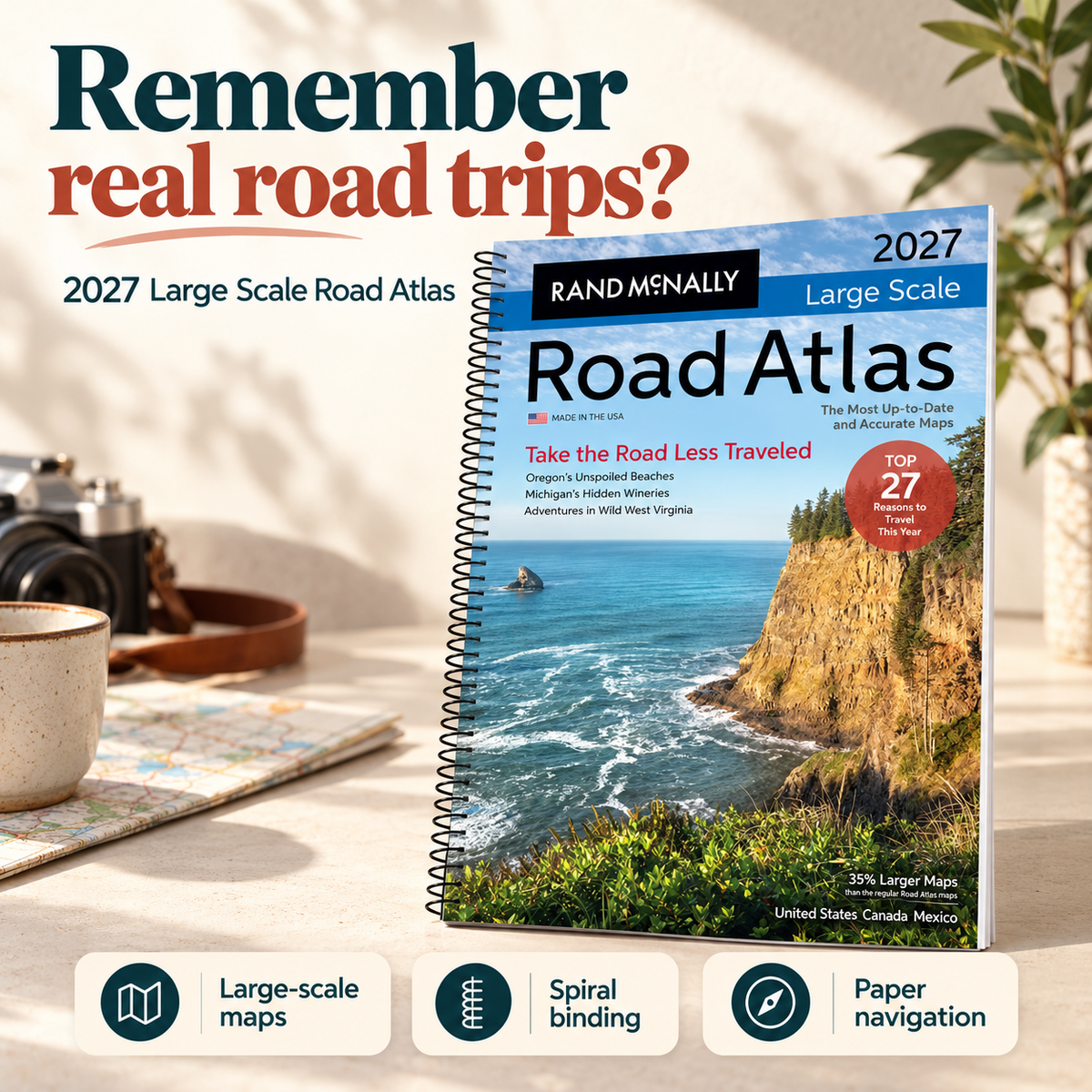 2027 Large Scale Road Atlas with spiral binding and coastal cover