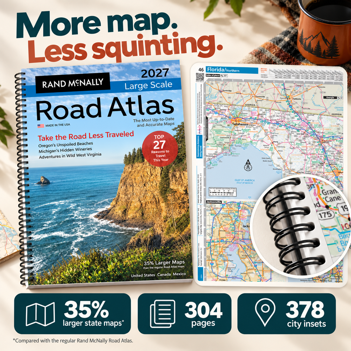 2027 atlas cover, map details, spiral binding and verified edition specifications
