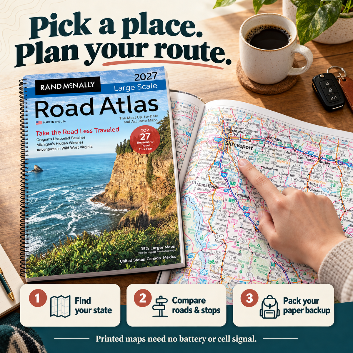 Simple steps for planning a road trip with a paper atlas