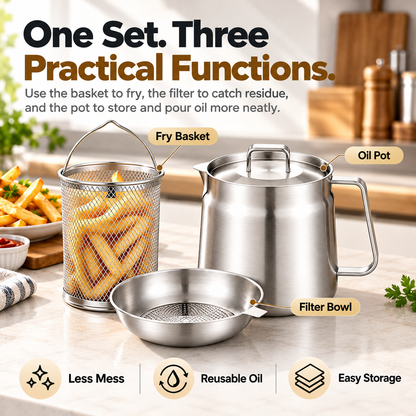 🍟✨ 3-in-1 Stainless Steel Deep Fryer Pot with Oil Filter & Fry Basket 🥘💧 304 Stainless Steel Cooking Oil Strainer & Storage Container 🍗🔥 Easy-Pour Design for Home Kitchen 🍳💖 1.5L/2L Available