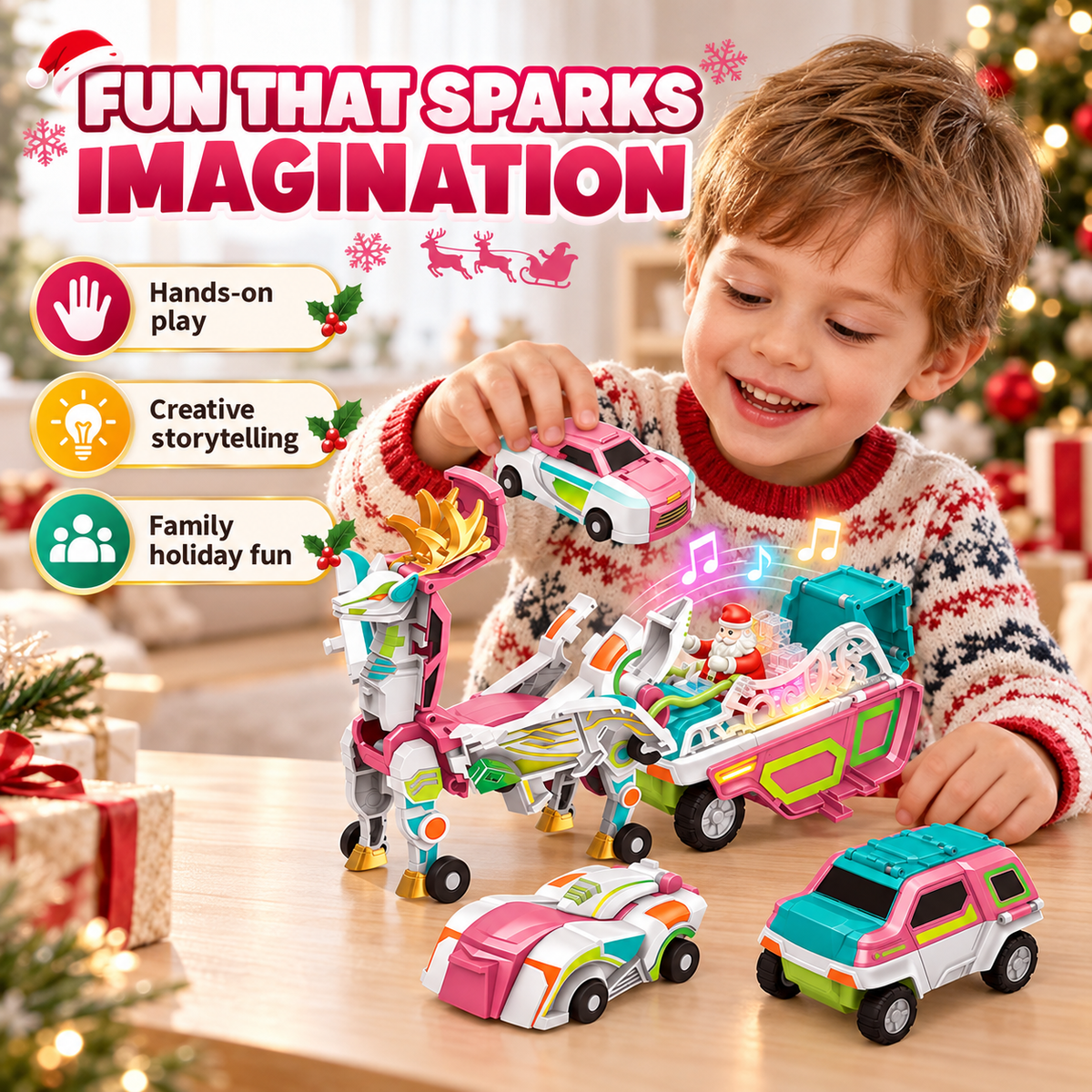 Child enjoying the pink magnetic transforming Christmas car set with robotic reindeer sleigh and separate toy cars on a holiday table