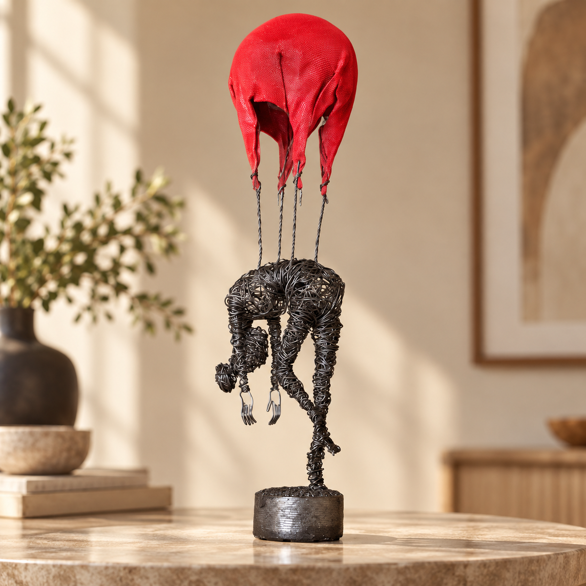 Handmade Wire Art Sculptures – Expressive Red-Accent Figurines for Home & Office
