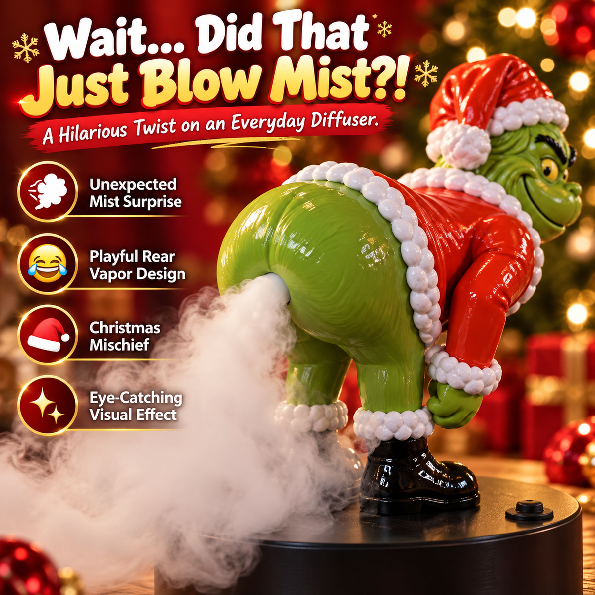 🎄😂 Funny Christmas Green Character Mist Diffuser – Hilarious Butt Mist Effect 💨 | Funny Holiday Decor & White Elephant Gag Gift 🎁