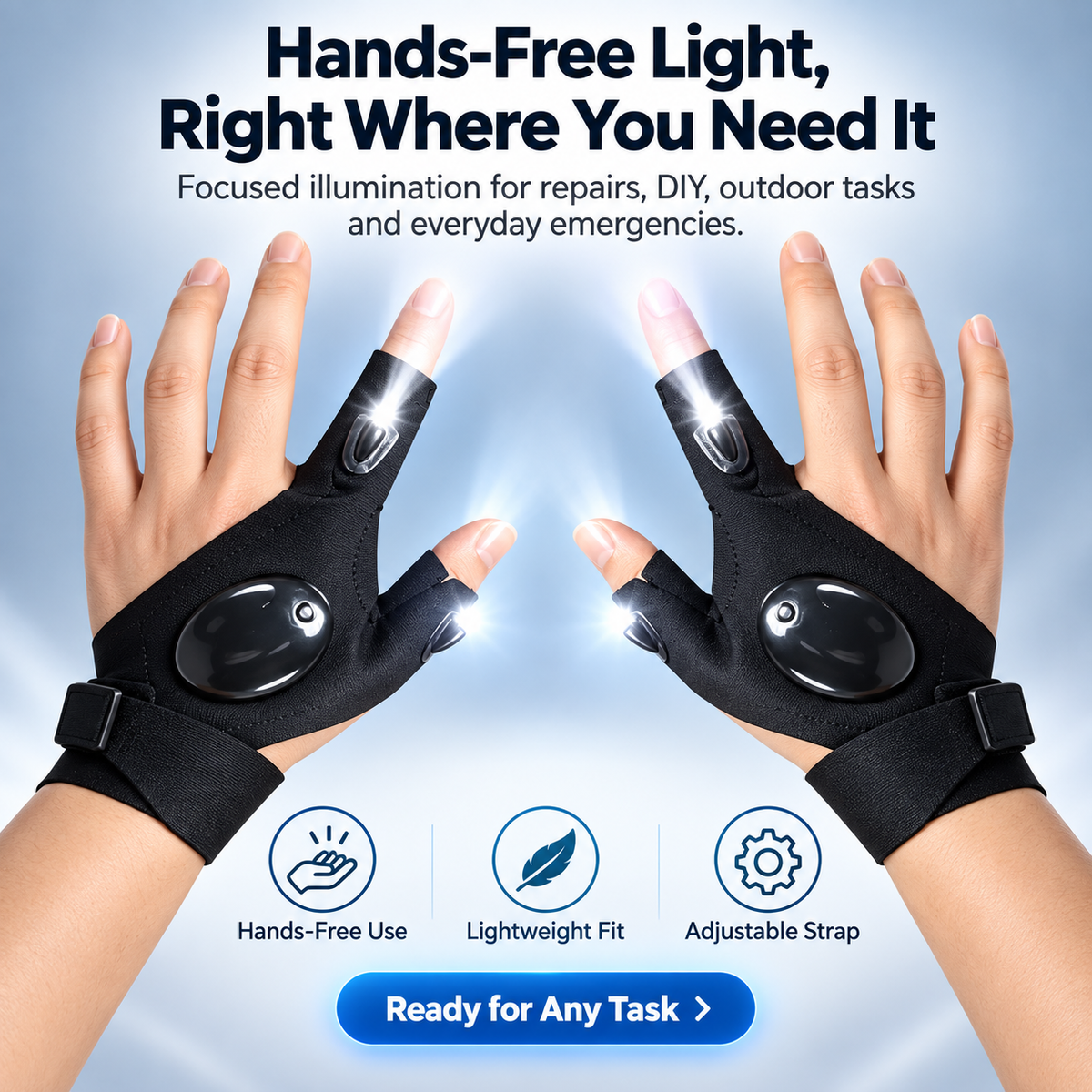 Pair of hands-free LED finger light gloves with illuminated fingertips