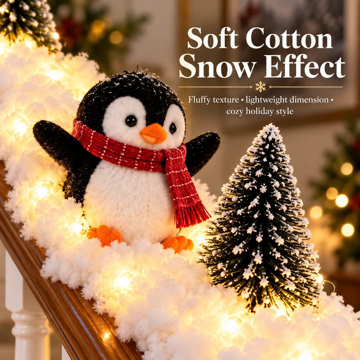 Fluffy snow texture, plush penguin and mini Christmas tree railing decoration