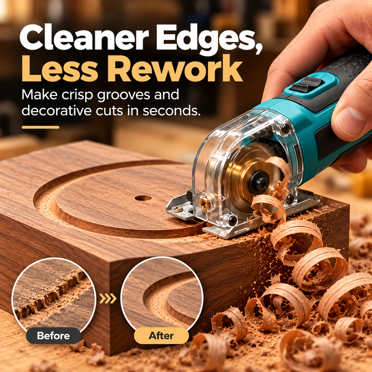 Precision wood carving tool creating a cleaner curved groove with before and after comparison