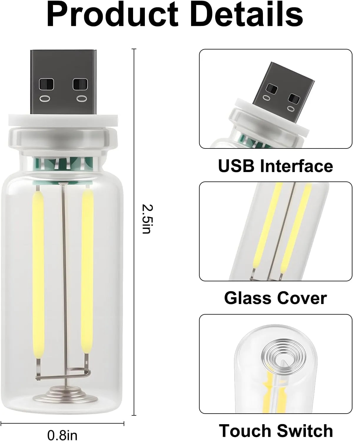 USB ambient night light dimensions glass cover USB interface and touch switch detail