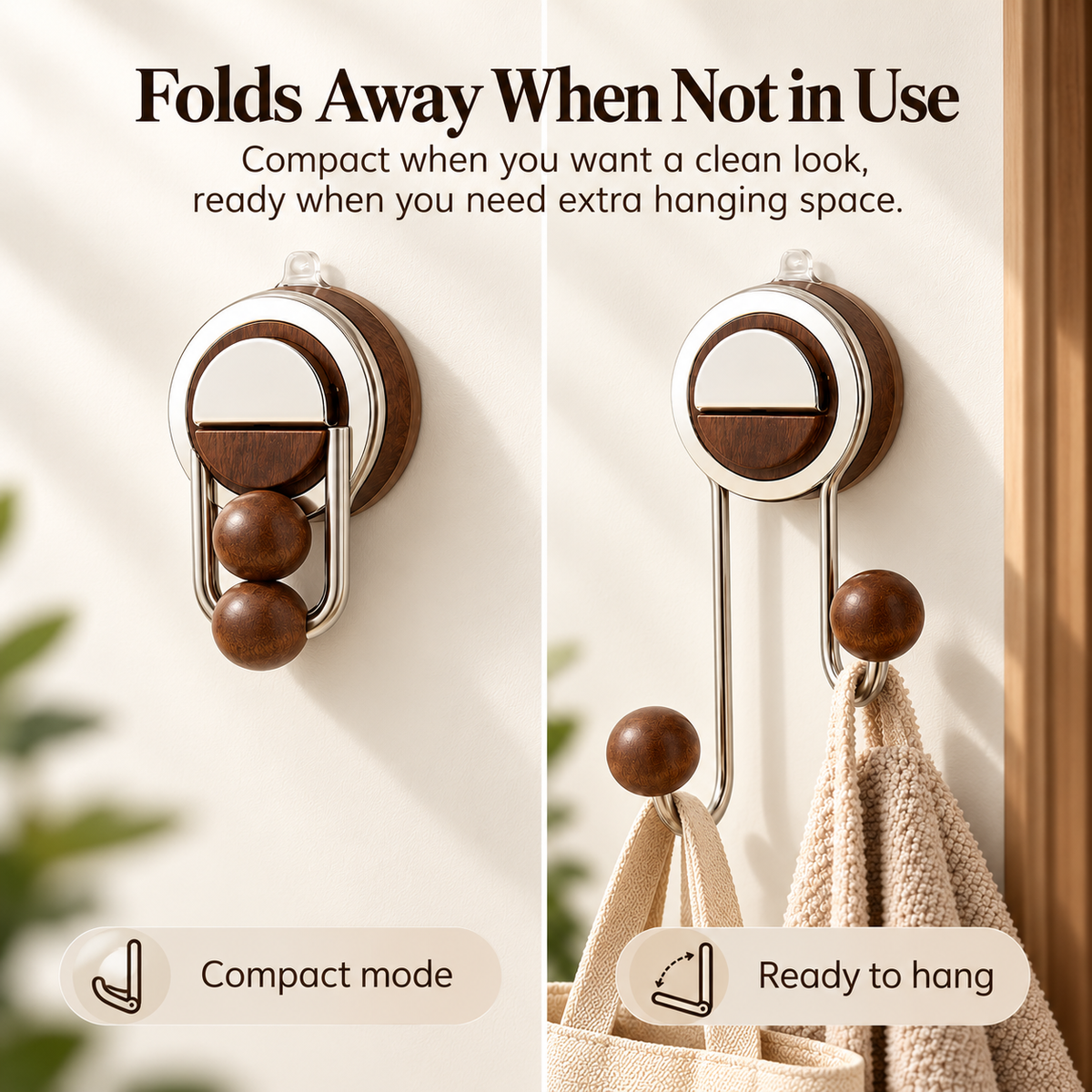 ✨ Drill-Free Foldable Double Hook – Suction Wall Organizer with Walnut-Look Accents