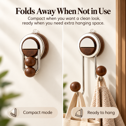 ✨ Drill-Free Foldable Double Hook – Suction Wall Organizer with Walnut-Look Accents