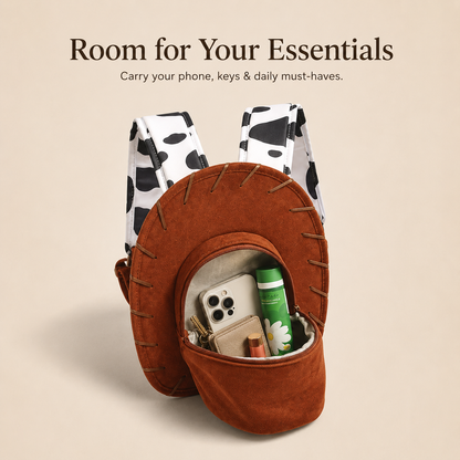 🤠 Western Cowboy Hat Shaped Backpack Cow Print Straps Mini Leather Purse 🎒