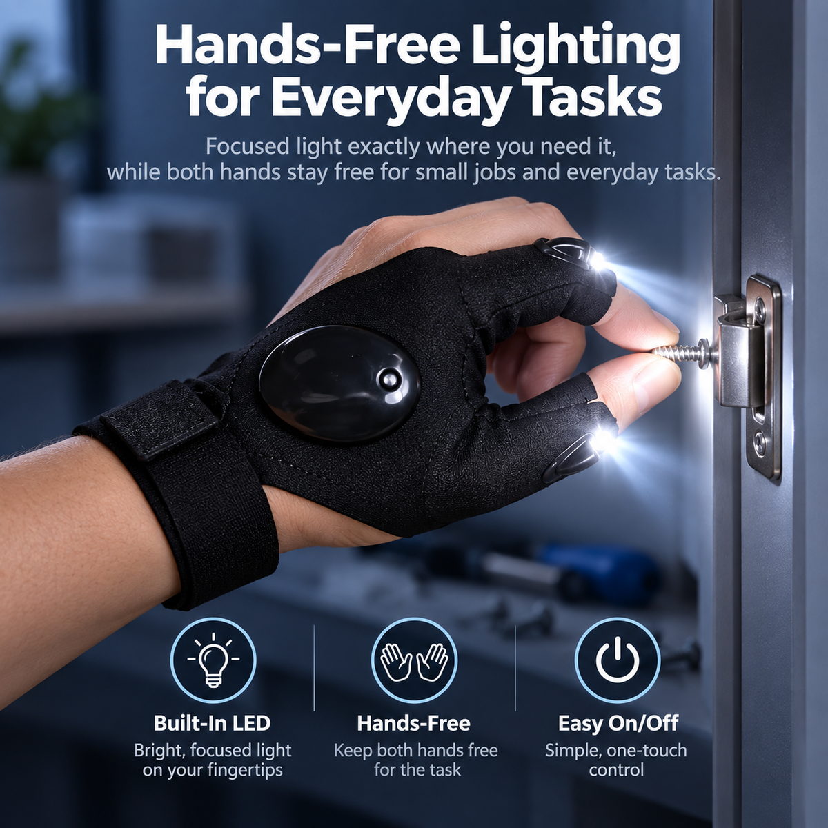 Finger LED glove illuminating a screw during a hands-free repair