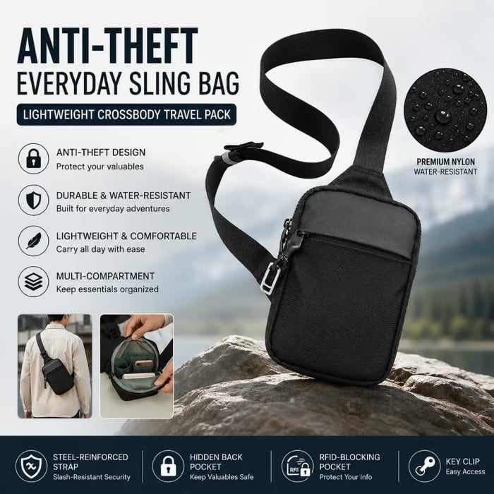 Anti-theft everyday sling bag with security and organization features