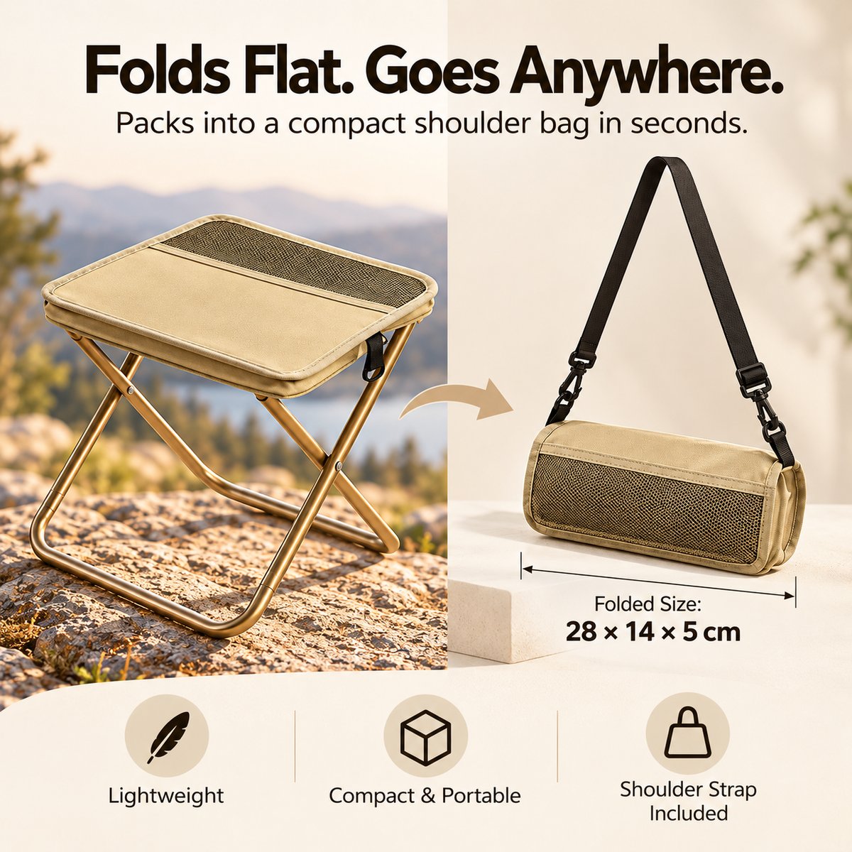 Folding camping stool transforming into a compact bag with a shoulder strap