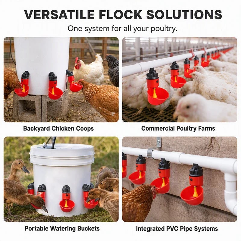 Automatic poultry waterer cups used with buckets and PVC pipe systems