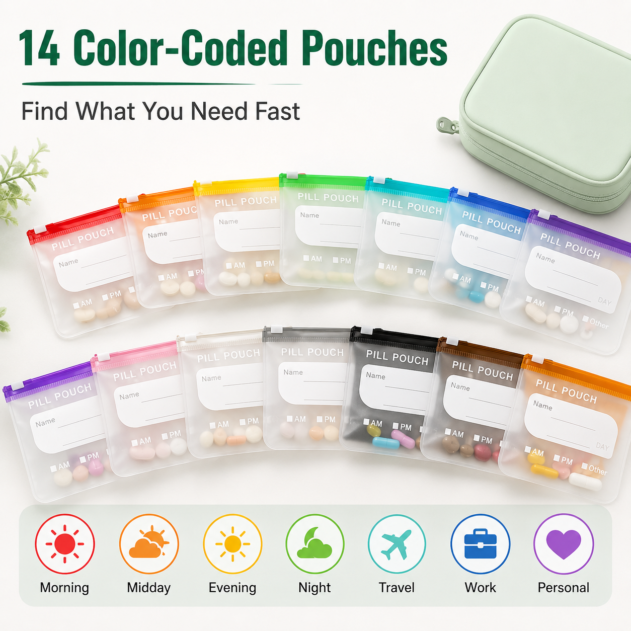 💊14-Pouch Travel Pill Organizer – Waterproof Medicine & Vitamin Case