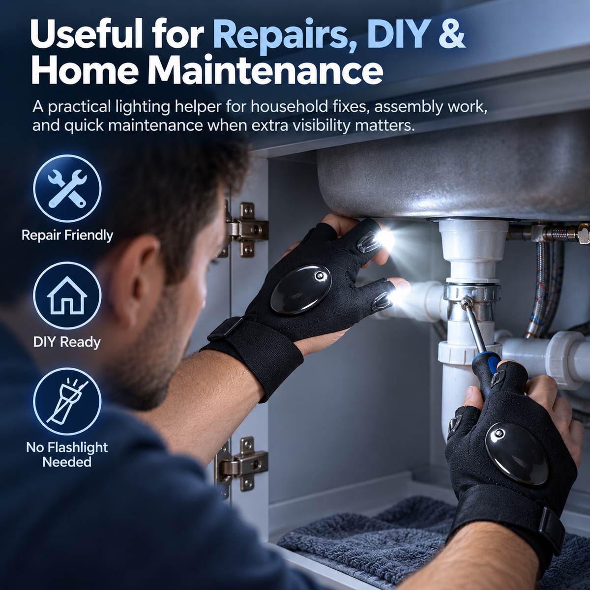 Man using LED finger light gloves while repairing plumbing under a sink