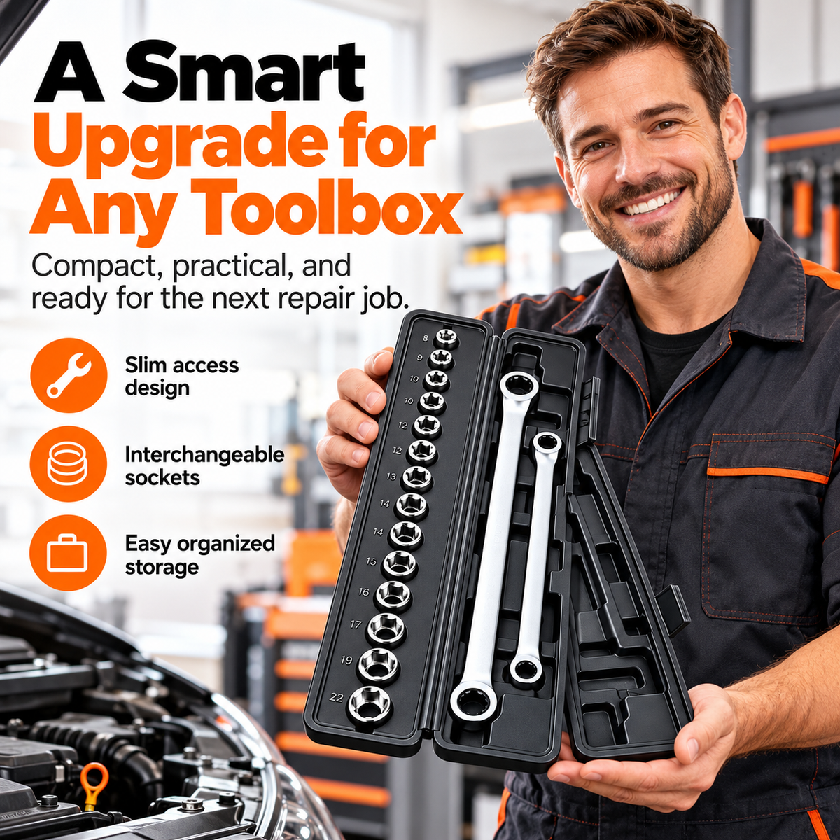 🔩15-in-1 Compact Ratcheting Wrench & Socket Set – Built for Tight-Space Repairs
