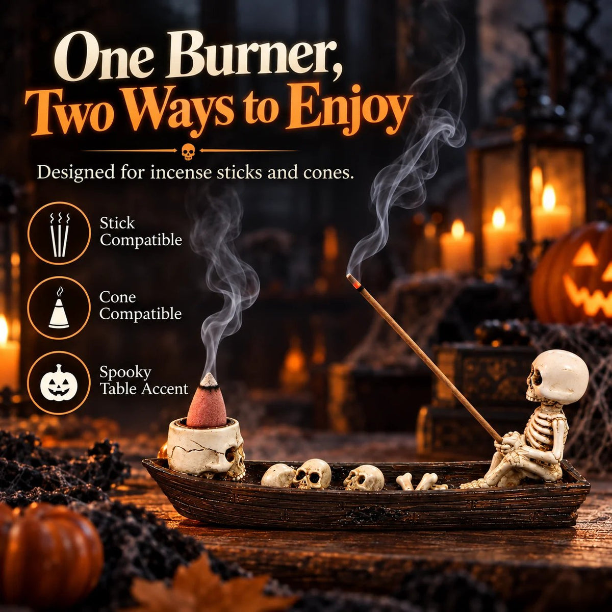 Skeleton boat incense holder compatible with stick and cone incense