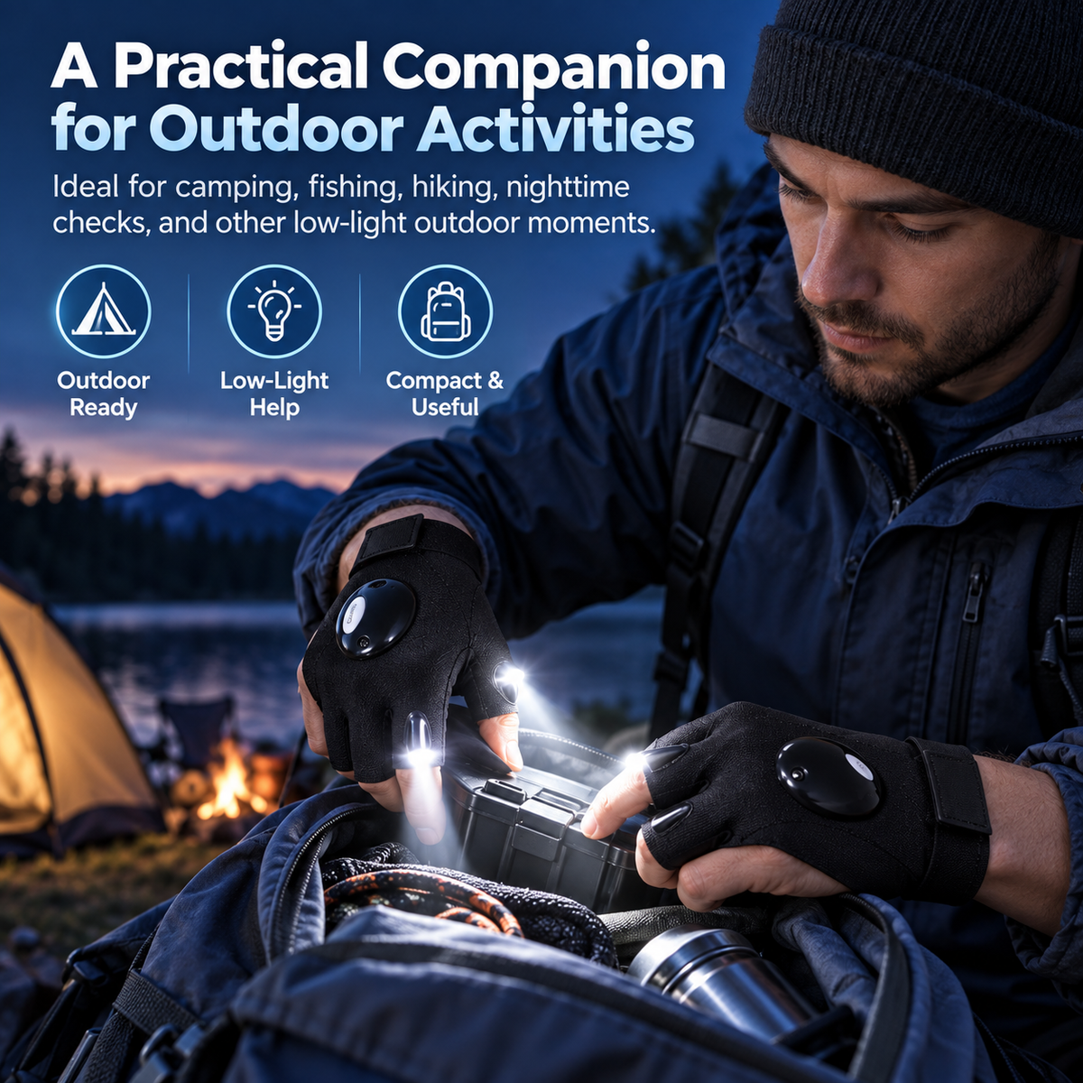 Camper using illuminated finger gloves to handle gear at night