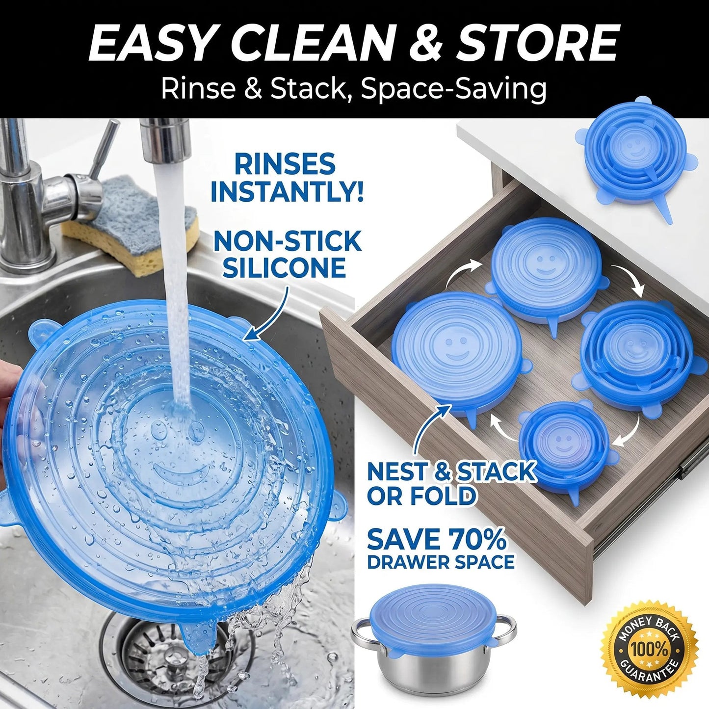 🔥 HOT SALE 🔥Universal Reusable Silicone Lids – 6-Pack Self-Sealing Food Covers for Various Container Sizes