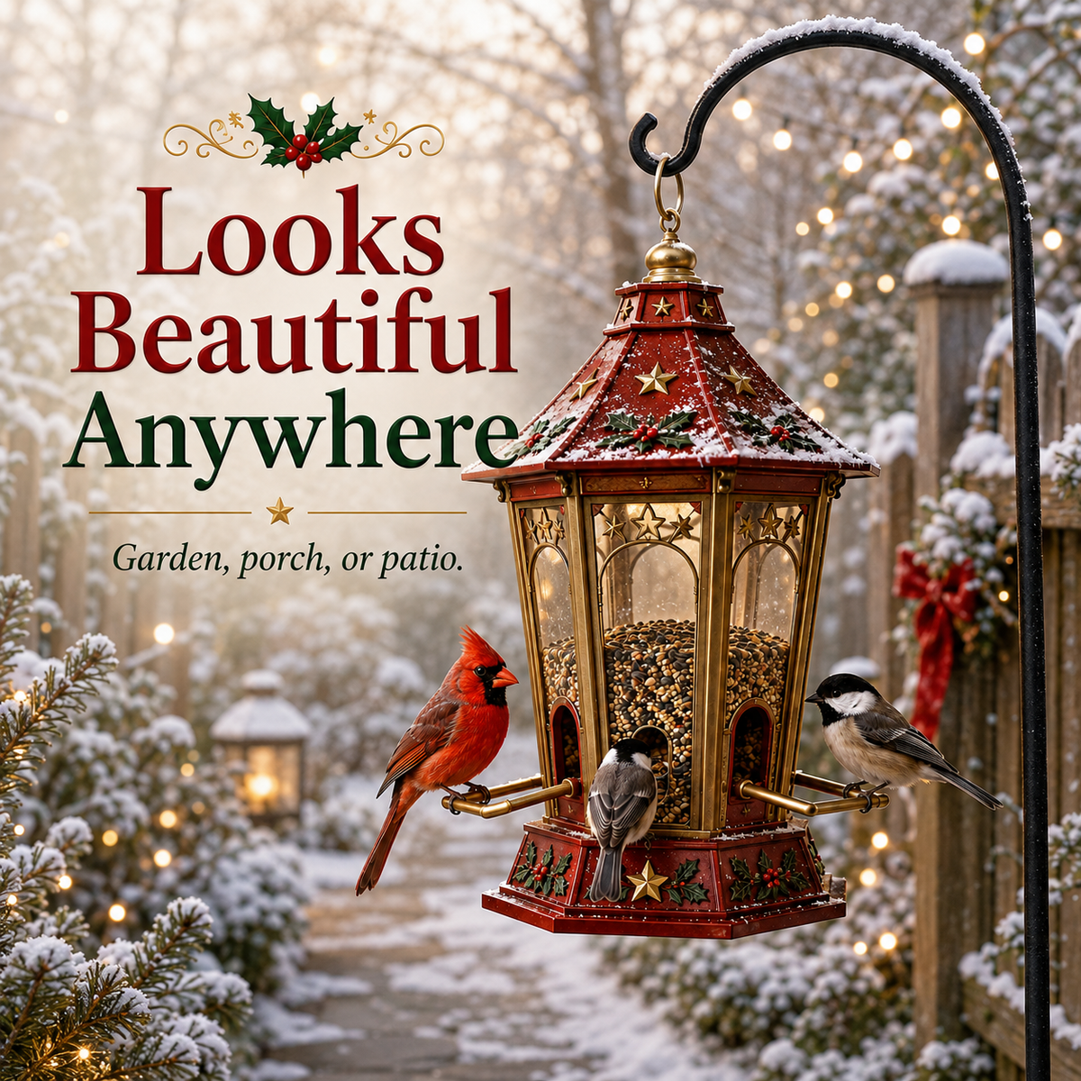 Holiday bird feeder close up Christmas garden display