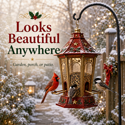 Holiday bird feeder close up Christmas garden display