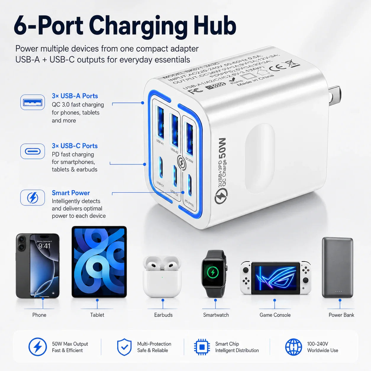 Portable Multi Port Charging Station 50W, 6-Port USB C & USB A